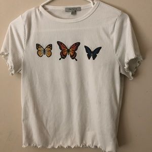 Papaya Butterfly Print Lettuce-Edge Semi Crop Top